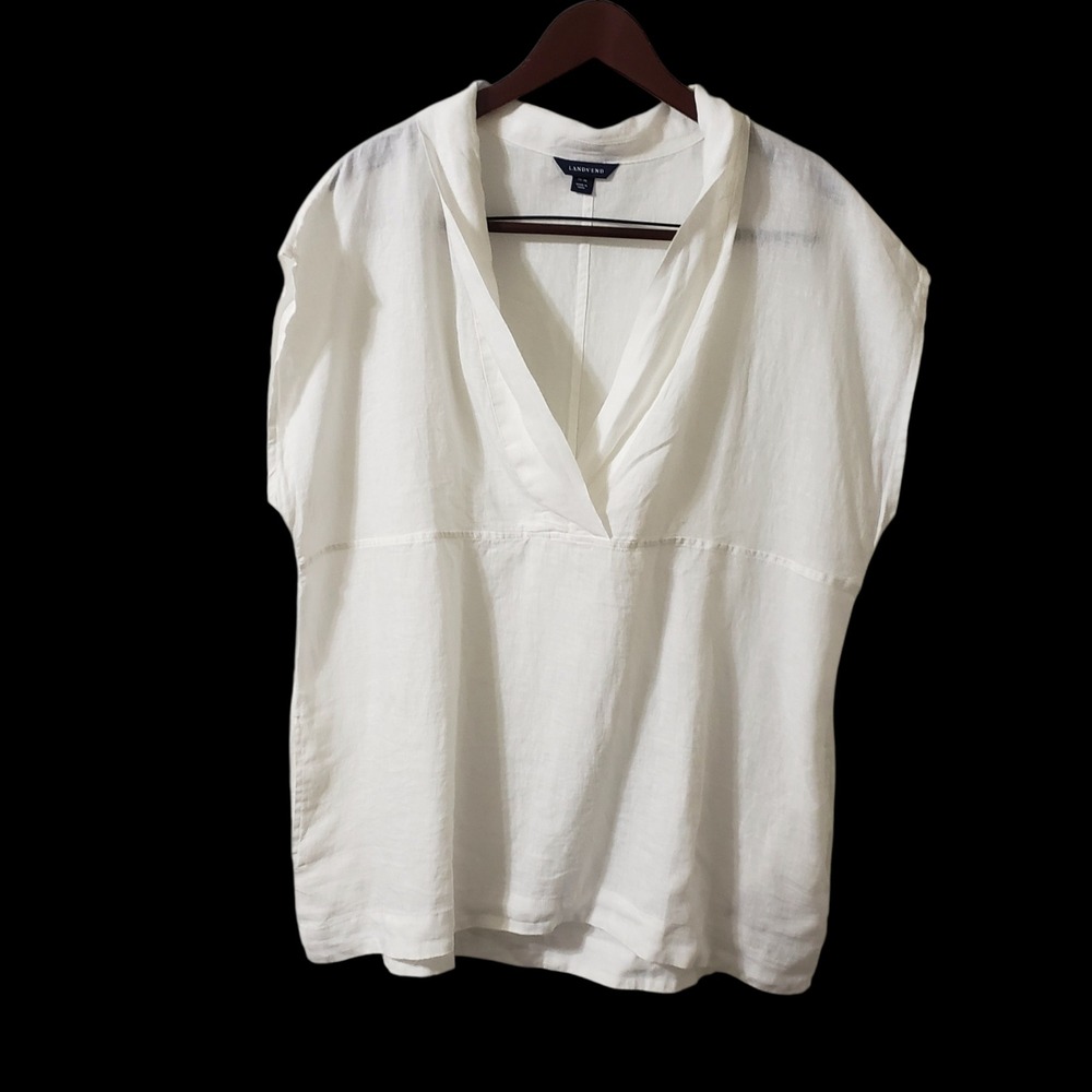 Lands End White‎ 100% Linen V-Neck Tunic Coverup Top Womens Large 14-16